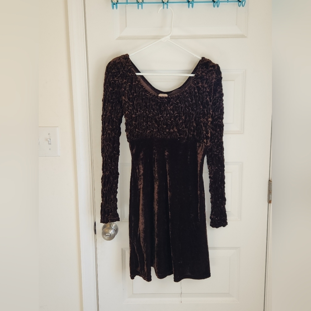 Womens Brown Y2K Long Sleeve Mini‎ Dress Suede Velvet Size M READ #B1